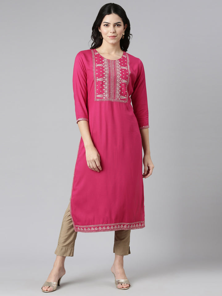 Neerus Pink Regular Straight Embroidered Kurta