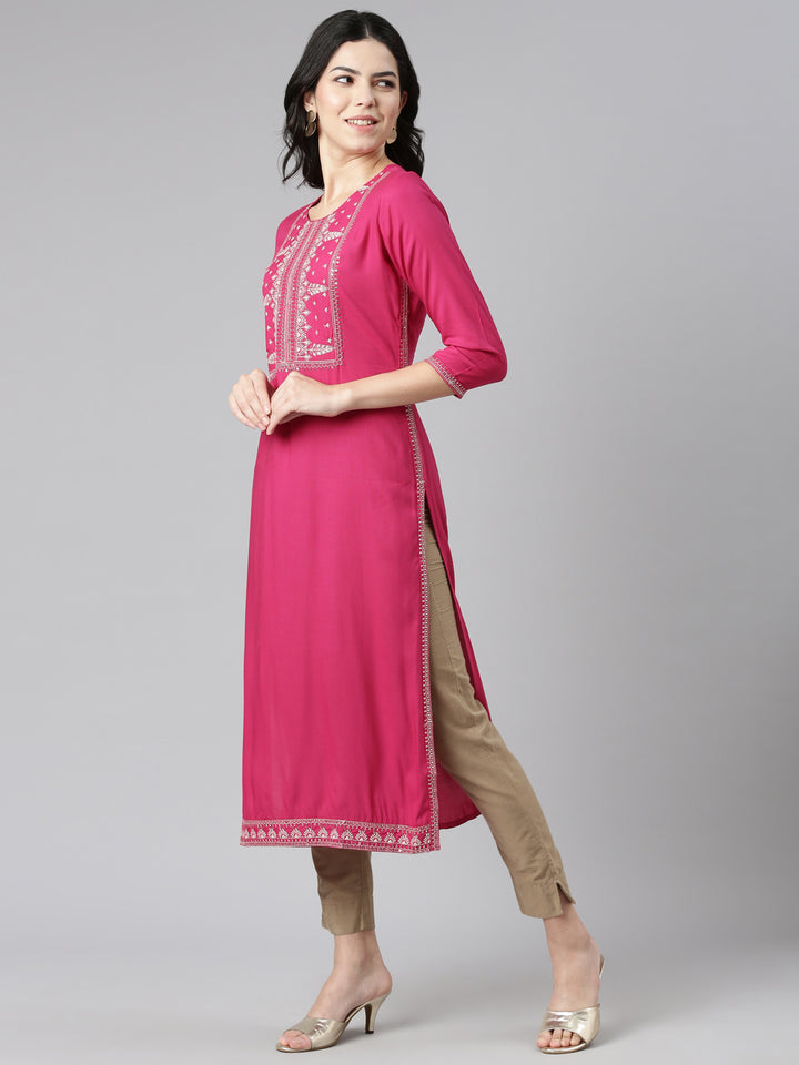 Neerus Pink Regular Straight Embroidered Kurta