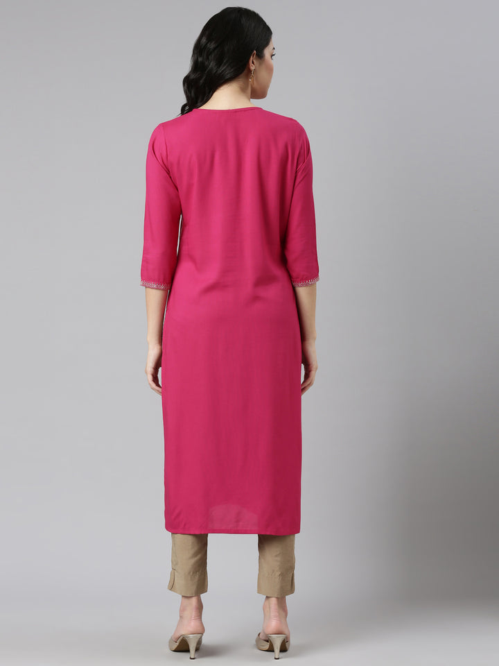 Neerus Pink Regular Straight Embroidered Kurta