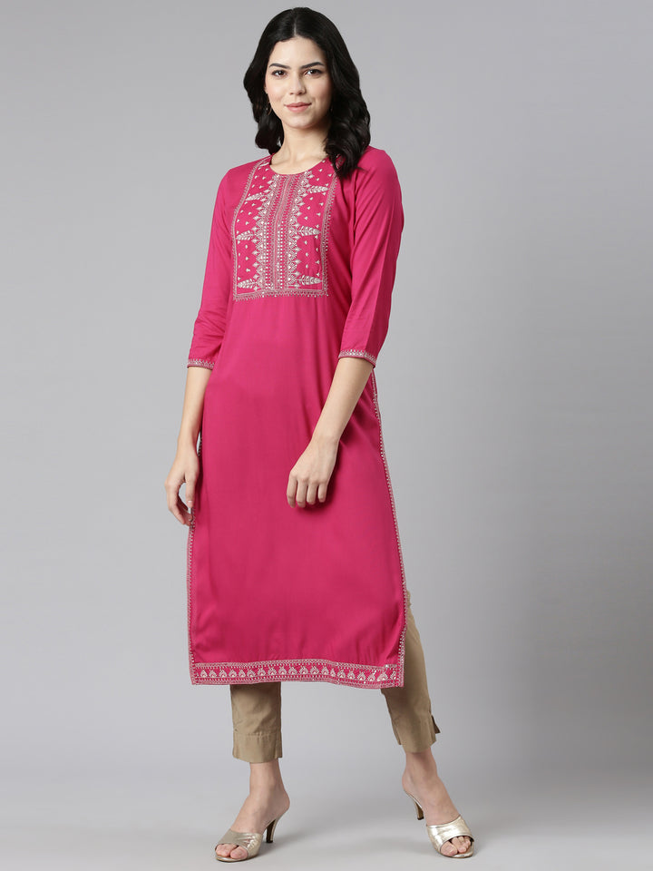 Neerus Pink Regular Straight Embroidered Kurta