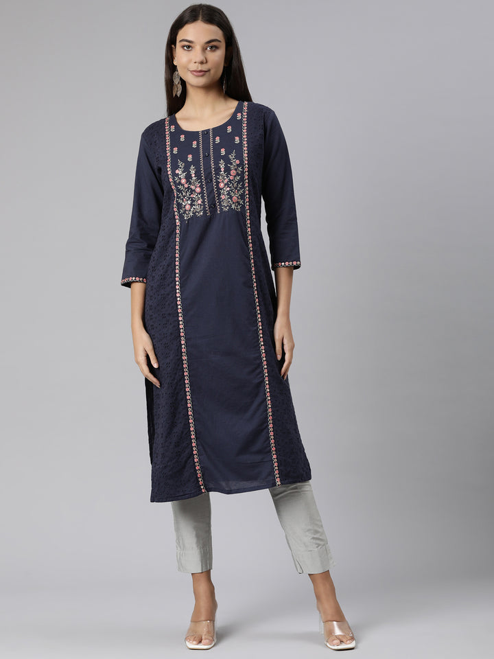 Neerus Blue Regular Straight Floral Kurtas