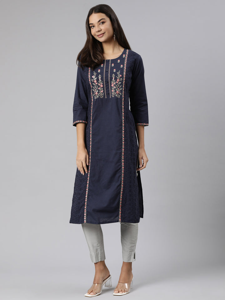 Neerus Blue Regular Straight Floral Kurtas
