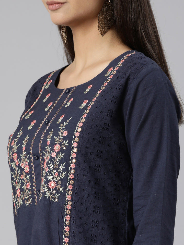 Neerus Blue Regular Straight Floral Kurtas