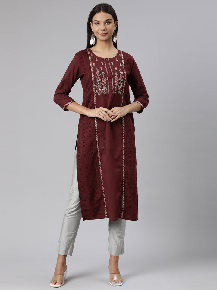 Neerus Brown Regular Straight Floral Kurtas