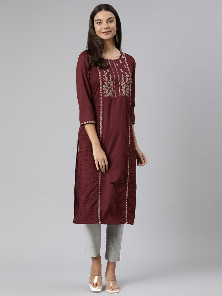 Neerus Brown Regular Straight Floral Kurtas