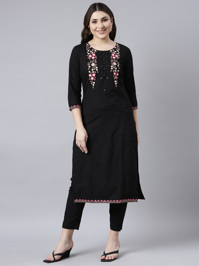 Neerus Black Regular Straight Solid Kurtas