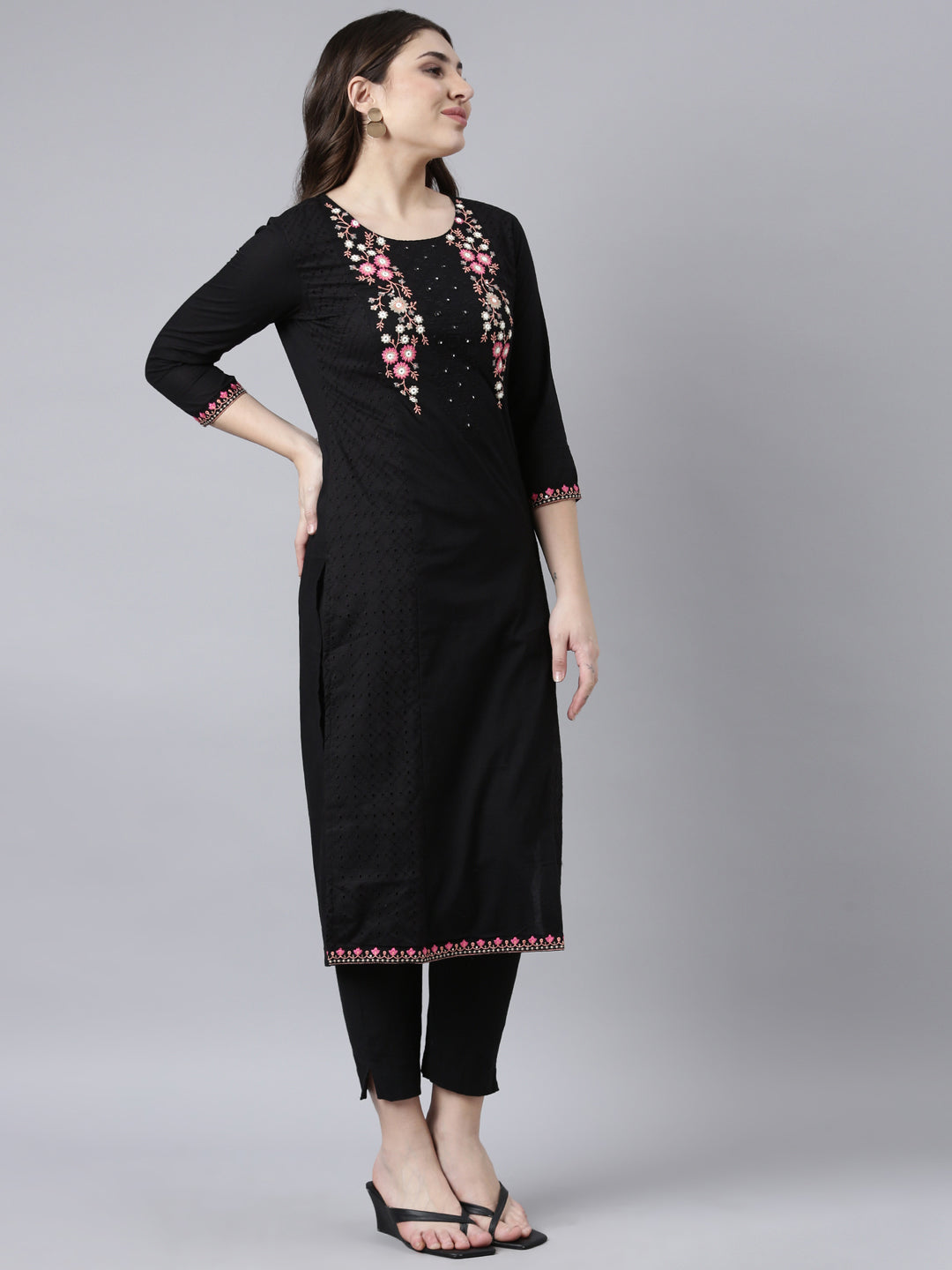 Neerus Black solid straight kurti - back view