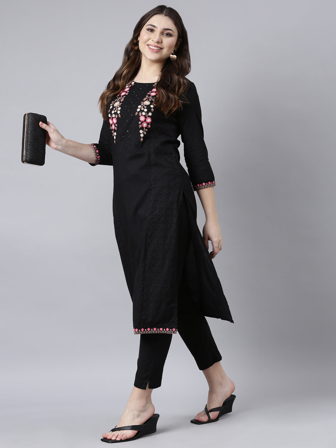 Neerus Black solid straight kurti - detail view 2