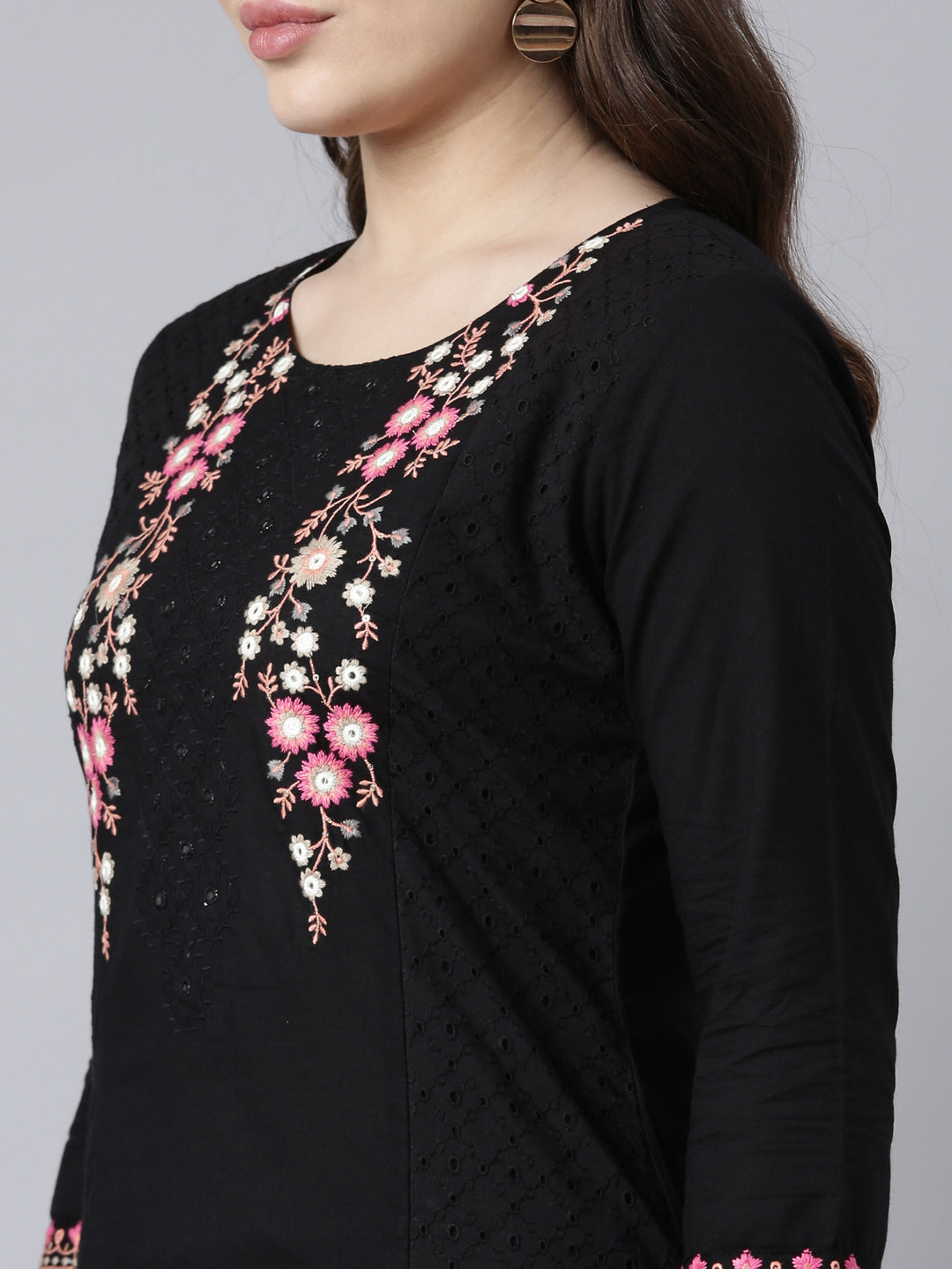 Neerus Black solid straight kurti - detail view 1