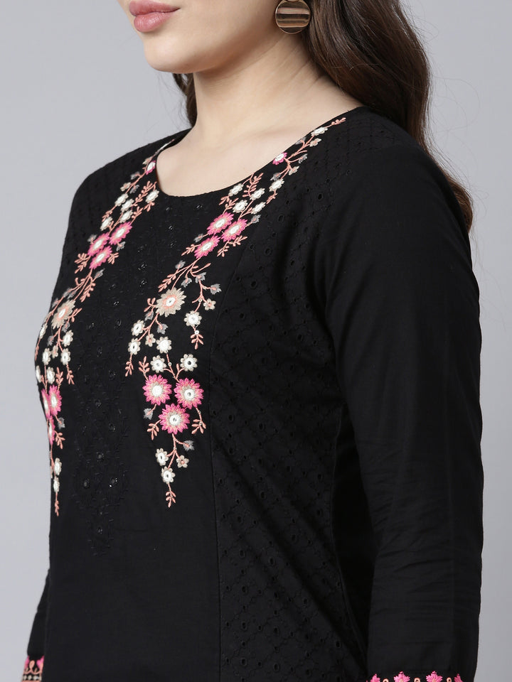 Neerus Black solid straight kurti - detail view 1