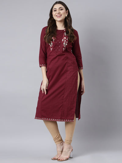 Neerus Maroon Regular Straight Solid Kurtas