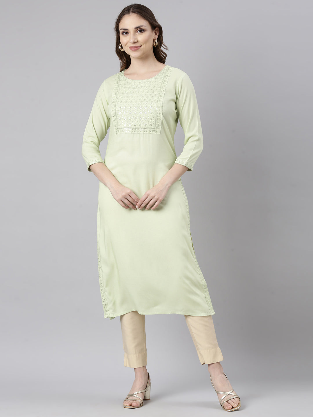 Neerus Green Regular Straight Solid Kurtas