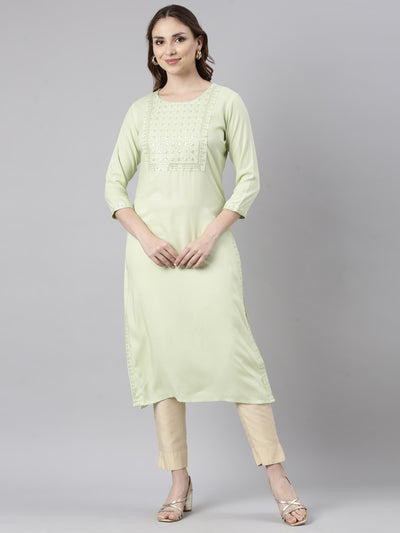 Neerus Green Regular Straight Solid Kurtas