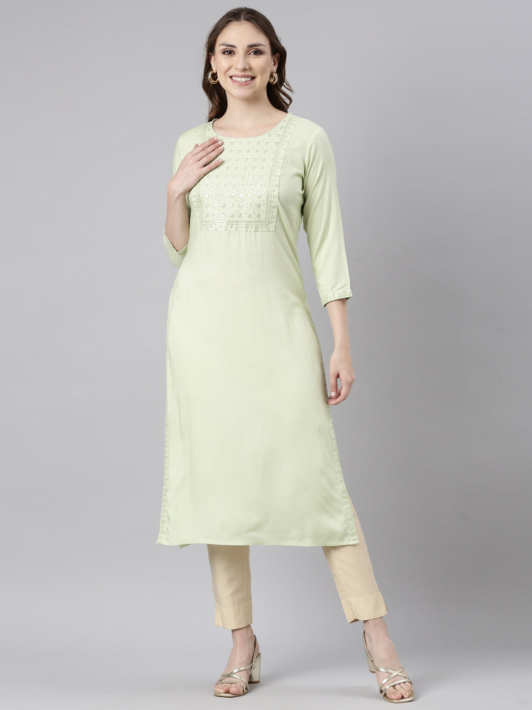 Neerus Green Regular Straight Solid Kurtas