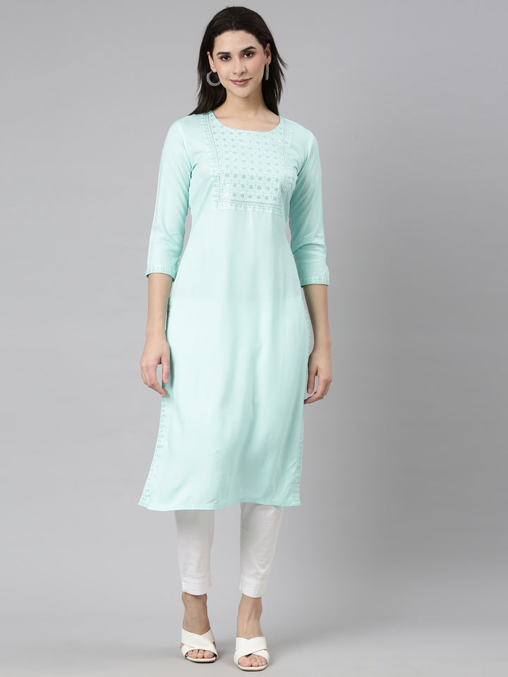 Neerus Sea Green Regular Straight Solid Kurtas