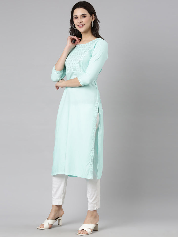Neerus Sea Green Regular Straight Solid Kurtas