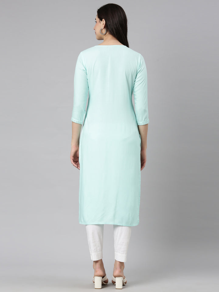 Neerus Sea Green Regular Straight Solid Kurtas
