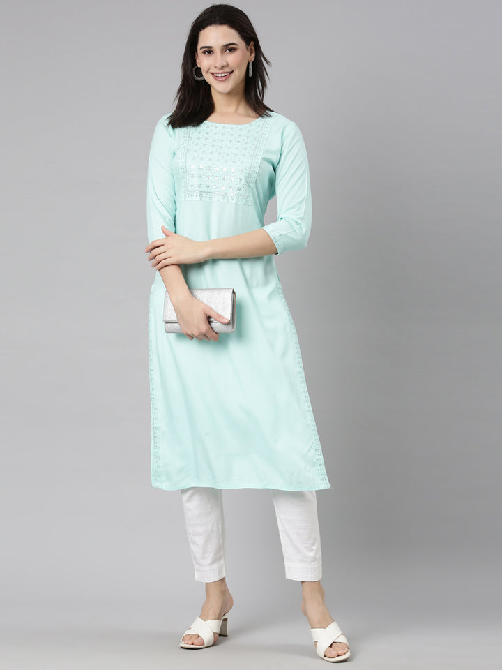 Neerus Sea Green Regular Straight Solid Kurtas