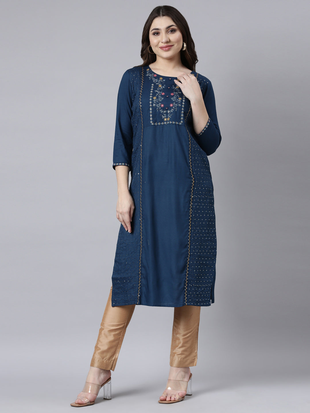Neerus Blue Jacquard Woven Straight Kurti - front view