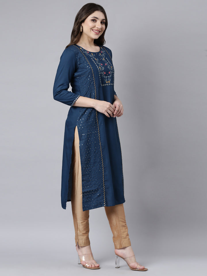 Neerus Blue Jacquard Woven Straight Kurti - back view