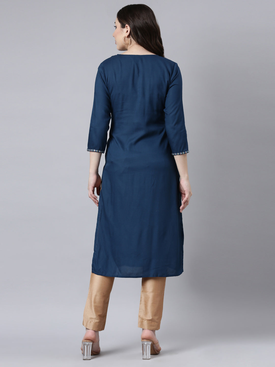 Neerus Blue Jacquard Woven Straight Kurti - side view
