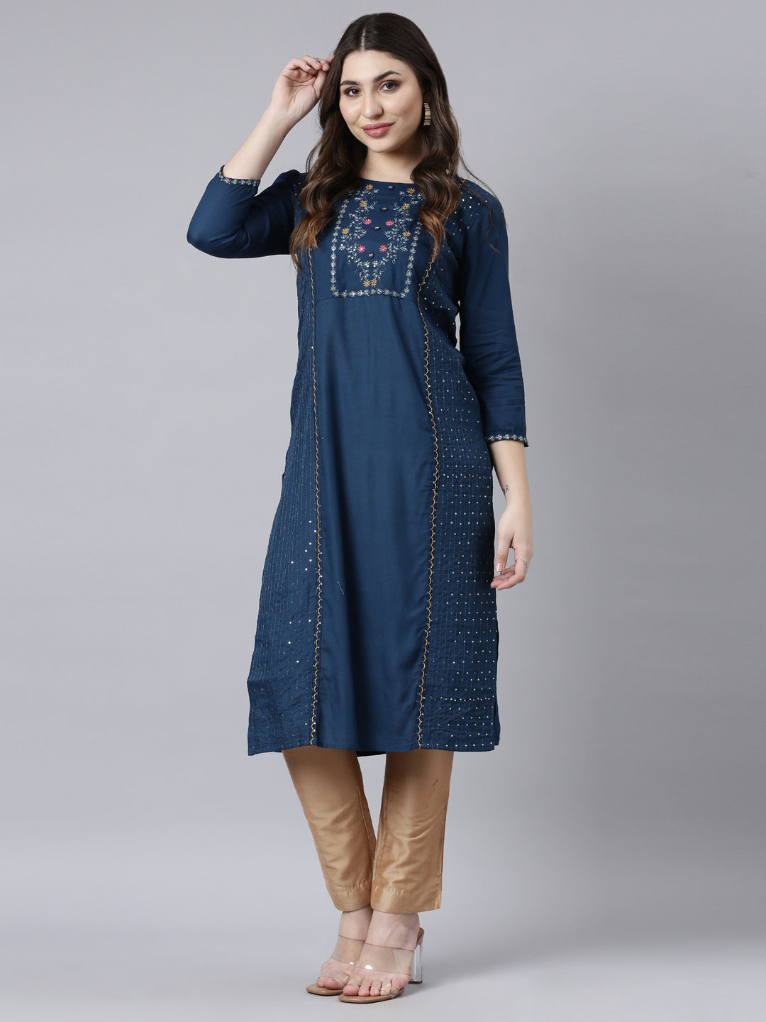 Neerus Blue Jacquard Woven Straight Kurti - detail view 2