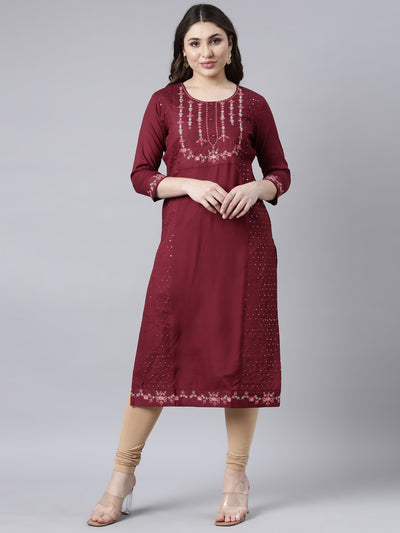 Neerus Maroon Regular Straight Woven Design Kurtas