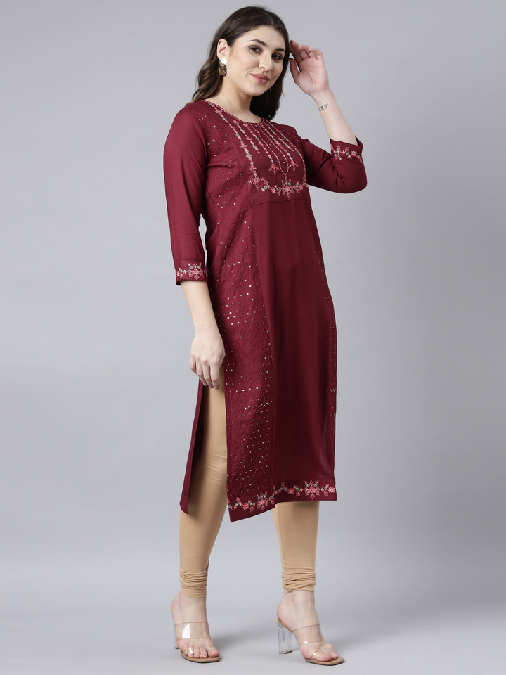 Neerus Maroon Regular Straight Woven Design Kurtas