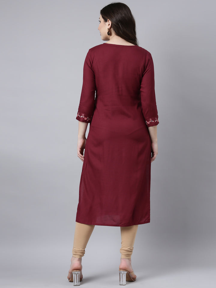 Neerus Maroon Regular Straight Woven Design Kurtas