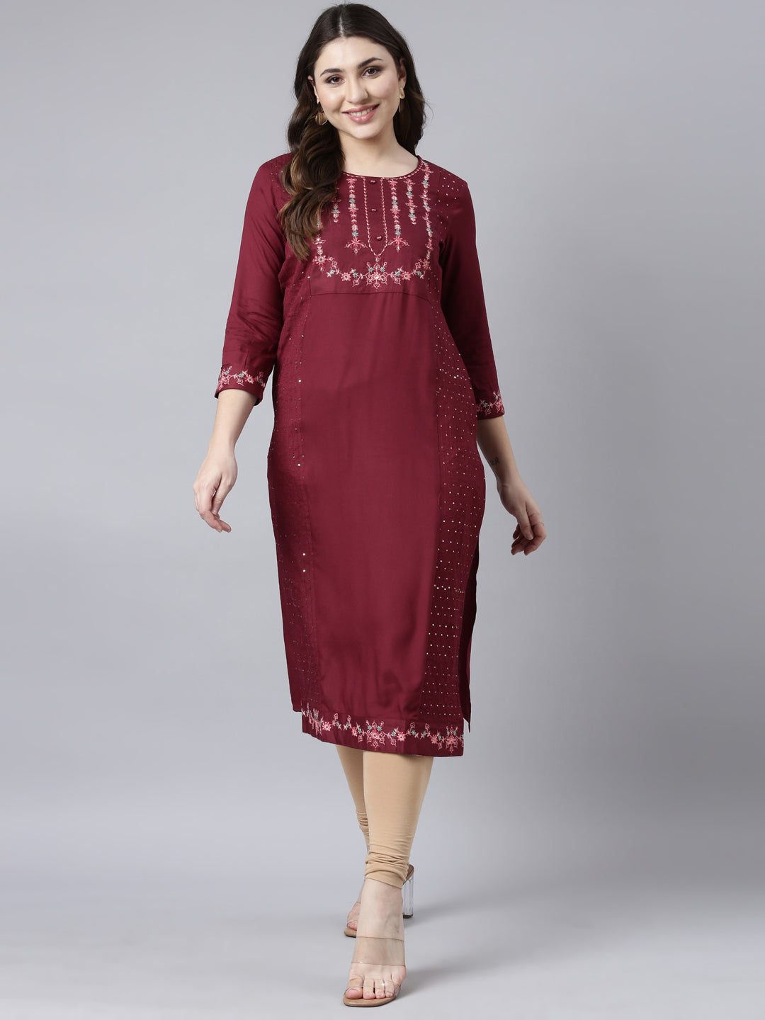 Neerus Maroon Regular Straight Woven Design Kurtas