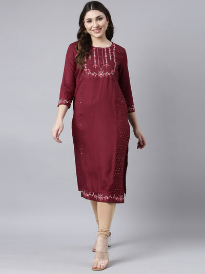 Neerus Maroon Regular Straight Woven Design Kurtas