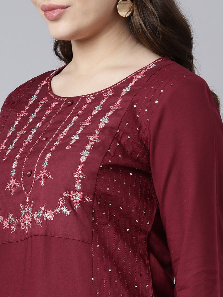 Neerus Maroon Regular Straight Woven Design Kurtas