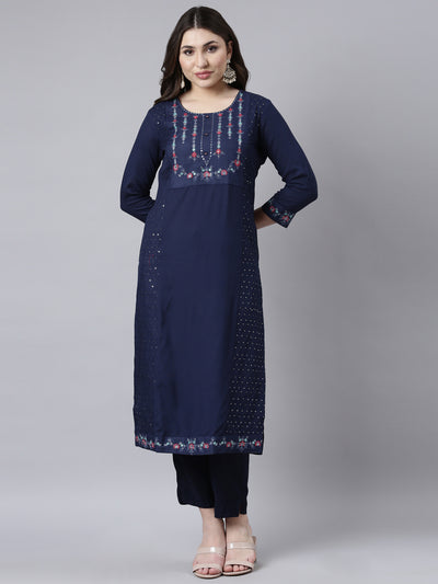 Neerus Navy Blue Regular Straight Woven Design Kurtas