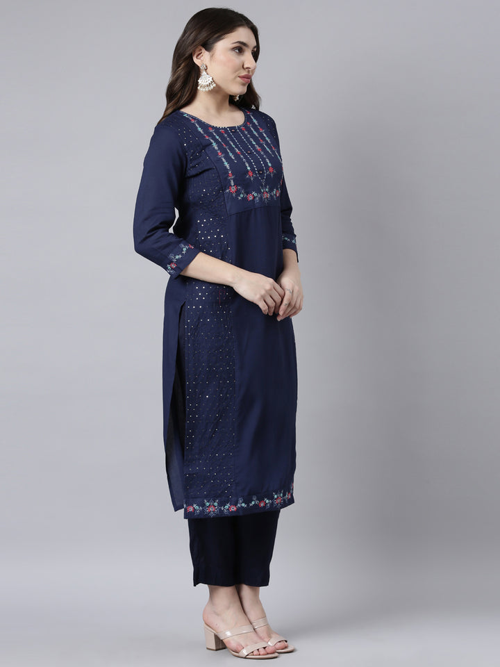 Neerus Navy Blue Regular Straight Woven Design Kurtas