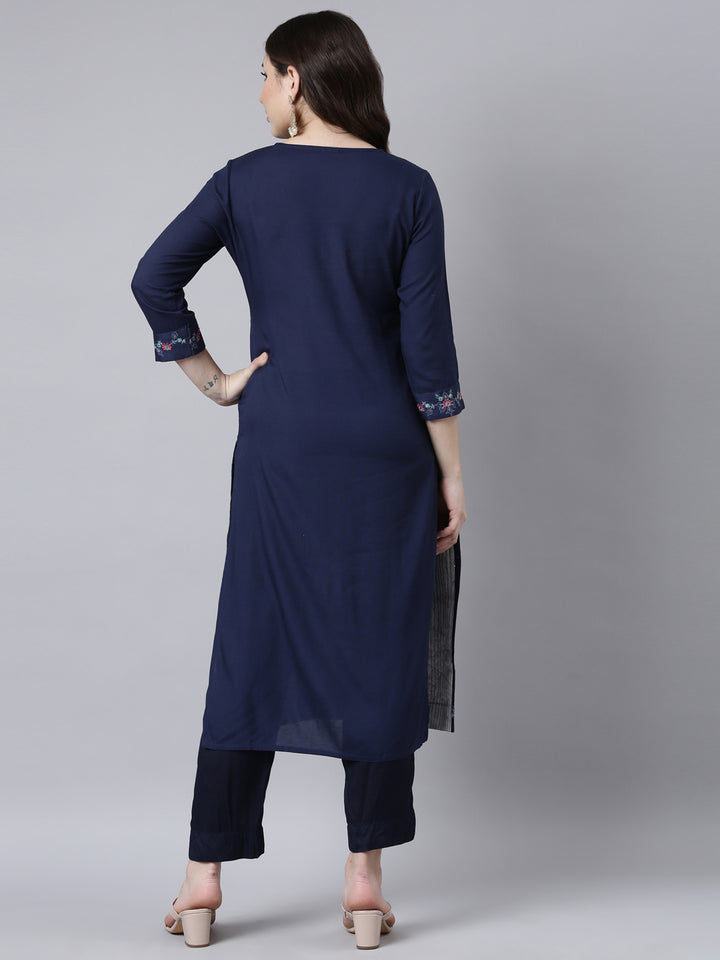 Neerus Navy Blue Regular Straight Woven Design Kurtas