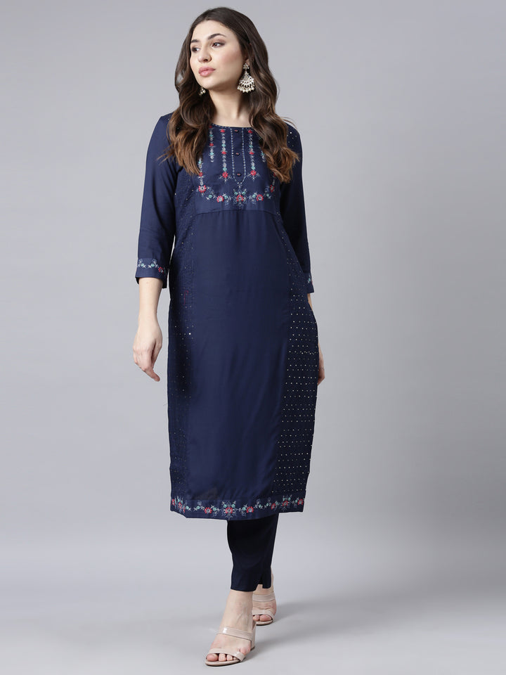 Neerus Navy Blue Regular Straight Woven Design Kurtas