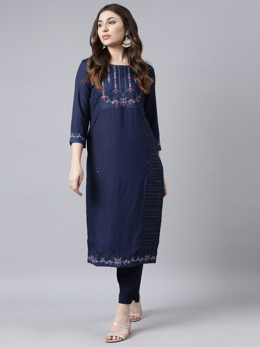 Neerus Navy Blue Regular Straight Woven Design Kurtas