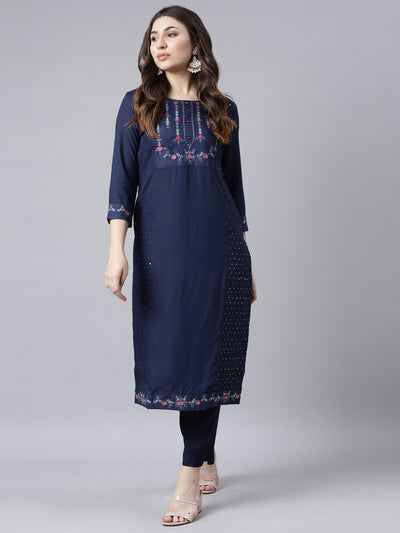 Neerus Navy Blue Regular Straight Woven Design Kurtas