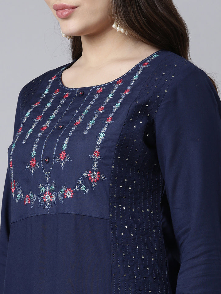 Neerus Navy Blue Regular Straight Woven Design Kurtas