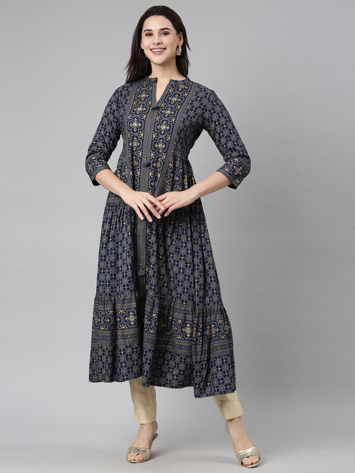 Neerus Blue printed floral maxi dress - front view