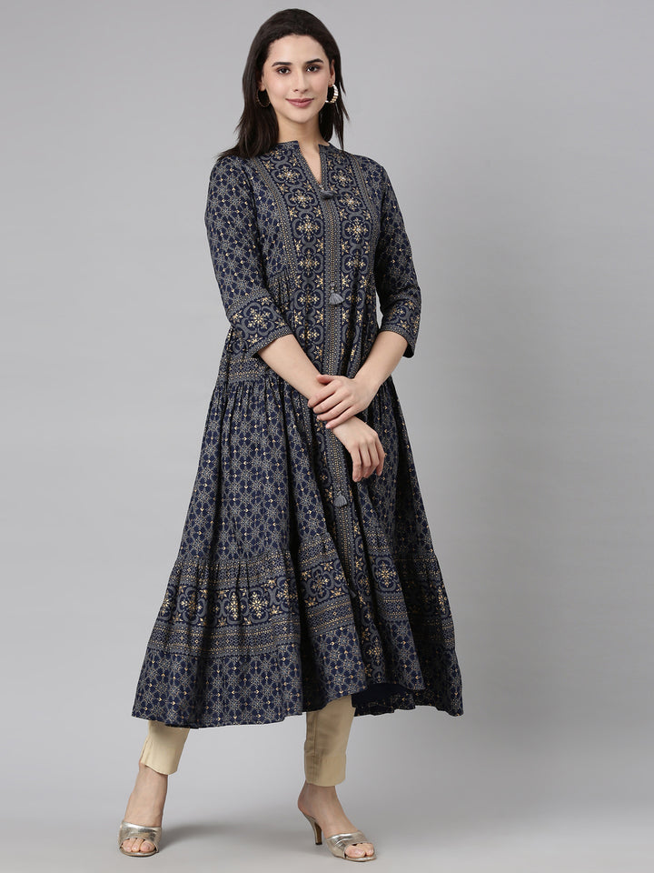 Neerus Blue printed floral maxi dress - back view