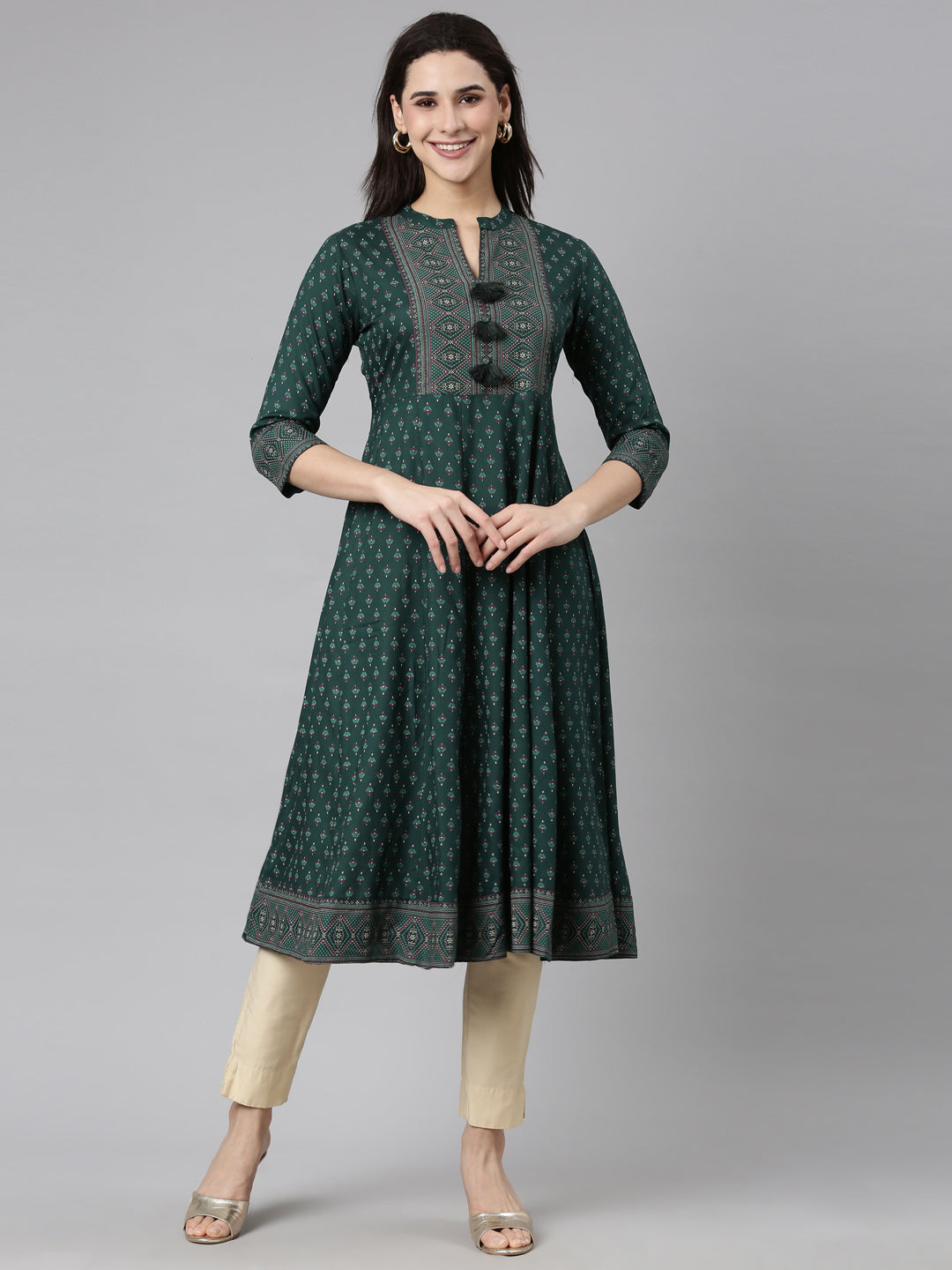 Neerus Green floral printed straight kurti - front view