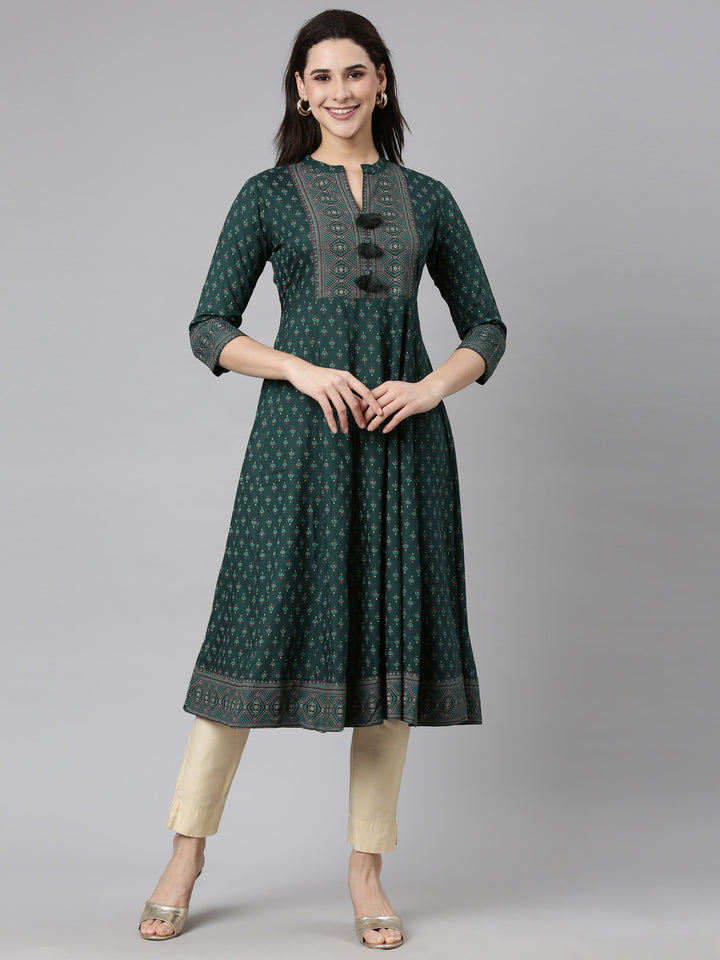 Neerus Green floral printed straight kurti - front view
