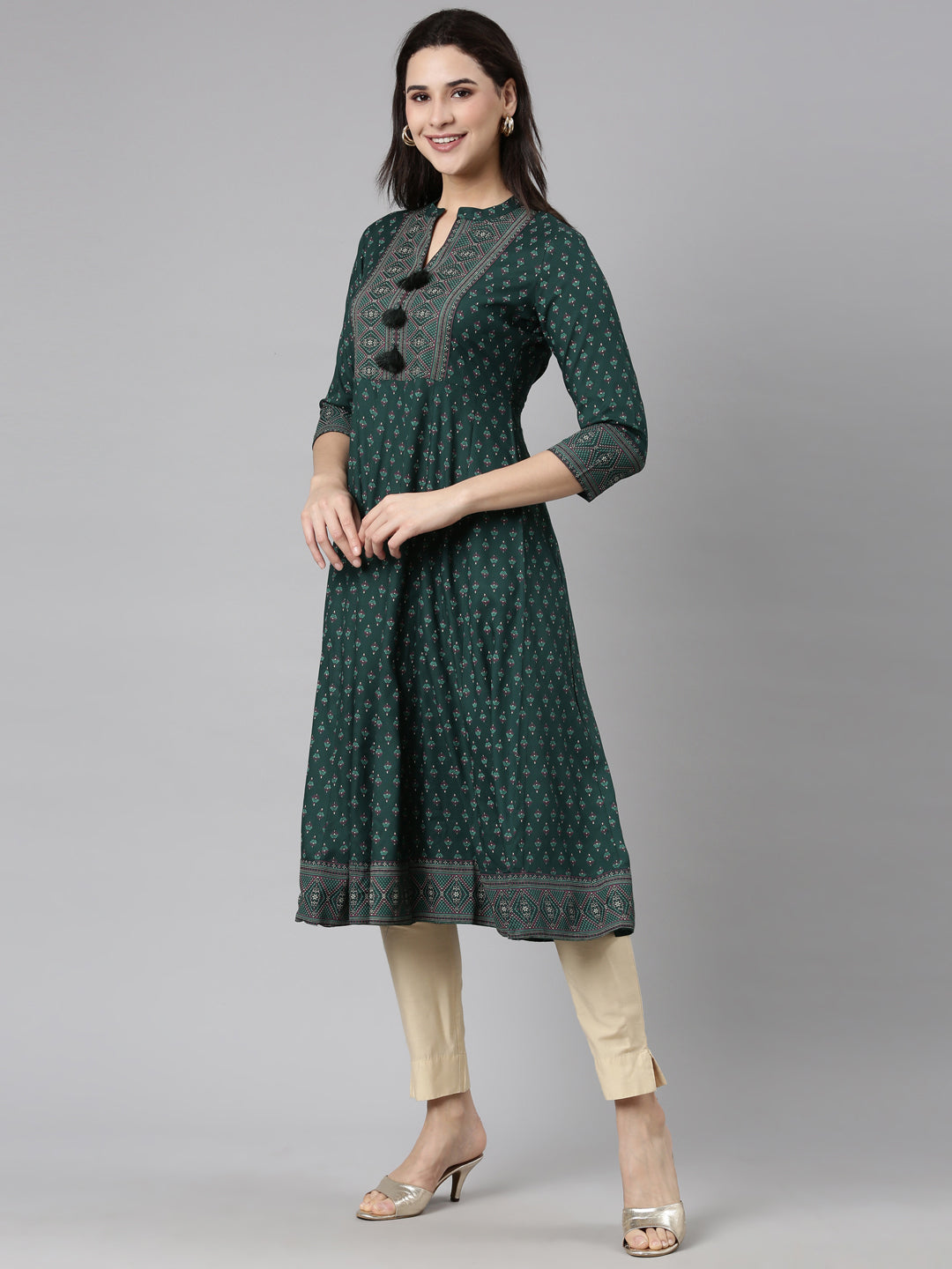 Neerus Green floral printed straight kurti - back view