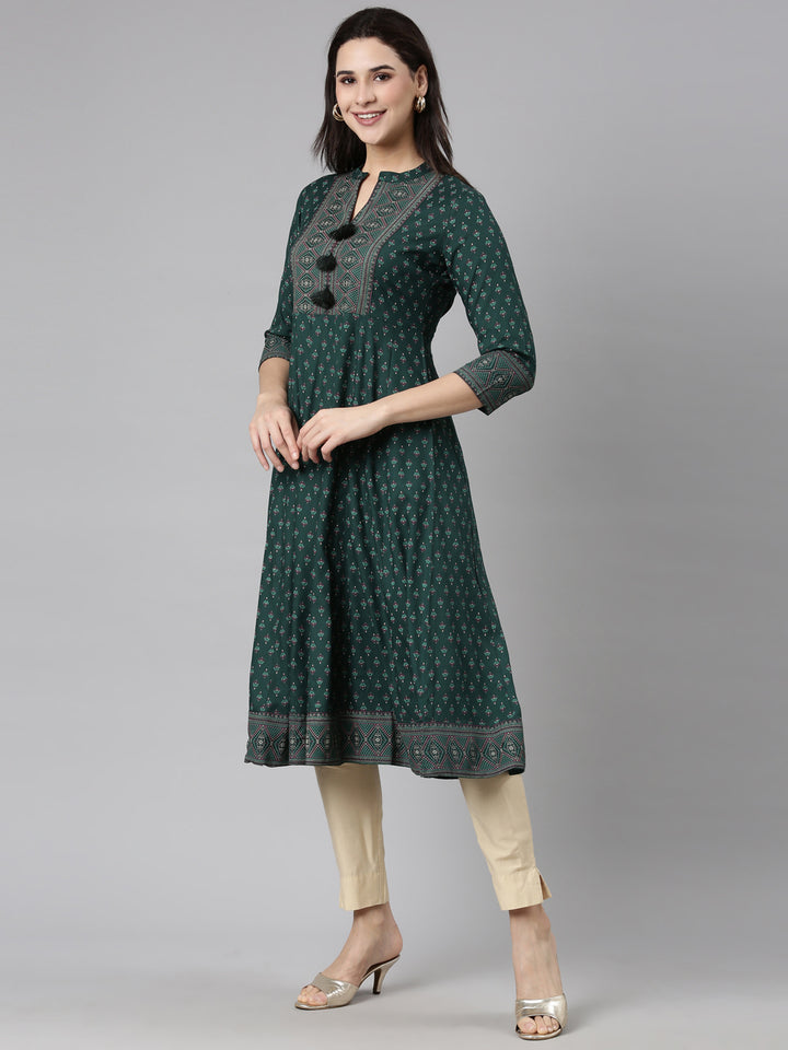 Neerus Green floral printed straight kurti - back view
