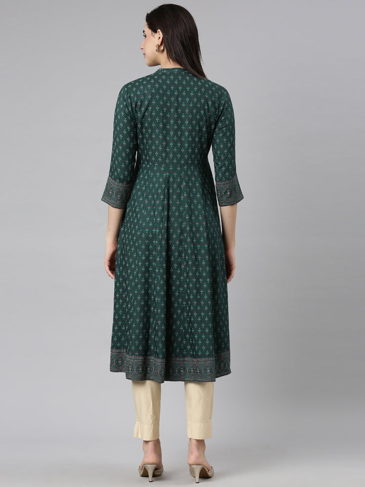 Neerus Green floral printed straight kurti - side view