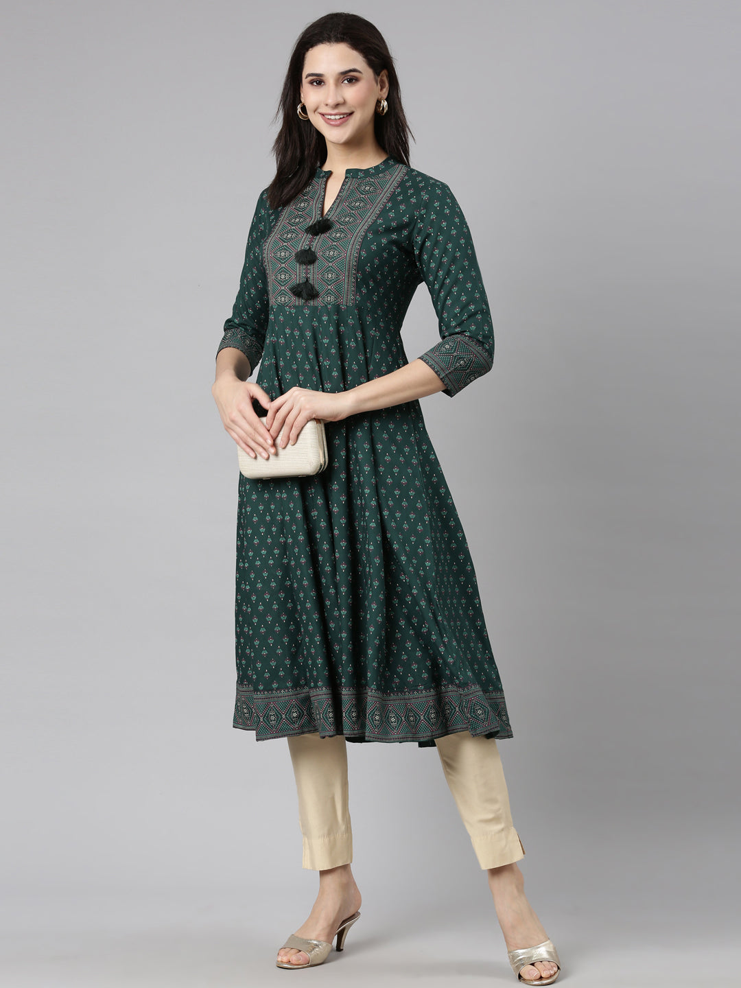 Neerus Green floral printed straight kurti - detail view 1
