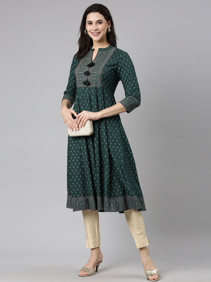 Neerus Green floral printed straight kurti - detail view 1