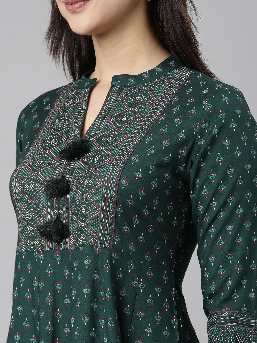 Neerus Green floral printed straight kurti - detail view 2