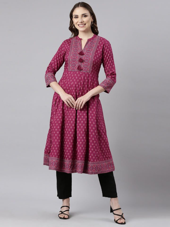 Neerus Pink floral printed straight kurti - front view